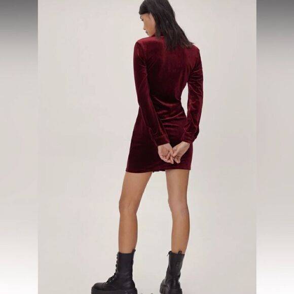 House Of Harlow 1960 Velvet Mini Burgundy Dress Ruched Shirt Size S - Picture 3 of 10